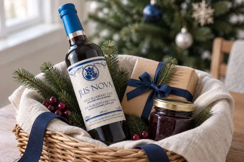 A Jus Nova Flagship bottle nestled in a Christmas gift basket with evergreen and companion gifts.