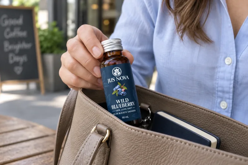 A woman taking a Jus Nova Shot bottle from her purse with one hand.