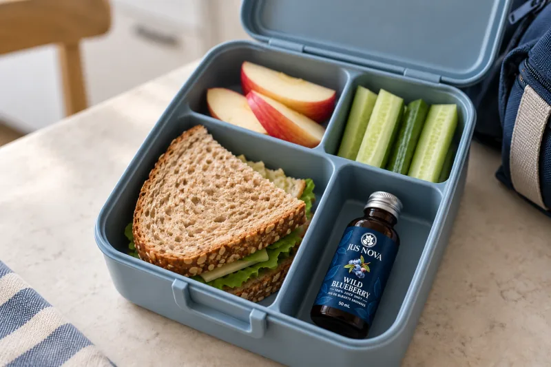 A Jus Nova Shot bottle fitting fully inside a lunchbox compartment beside a sandwich and fruit.