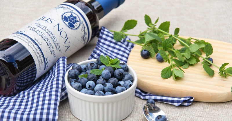 A reclining Jus Nova Flagship bottle beside blueberries and blue checked linen in bright natural daylight.