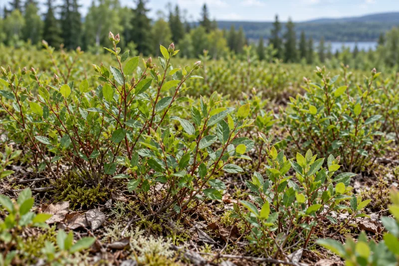 Illustration of fresh lowbush blueberry shoots with green leaves and closed buds in the growth year.