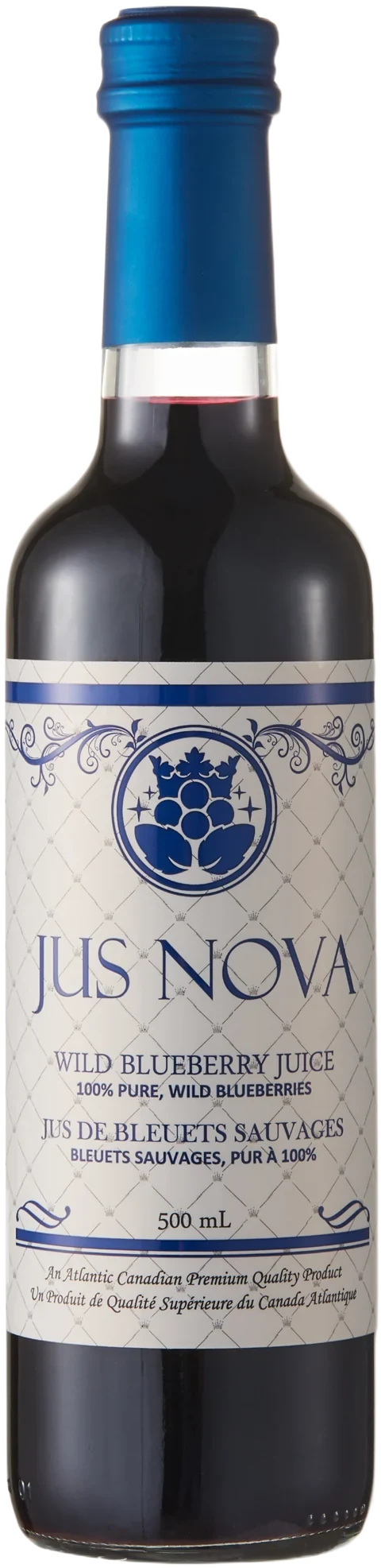 Jus Nova Flagship 500 mL bottle, with its original blue cap and cream label.