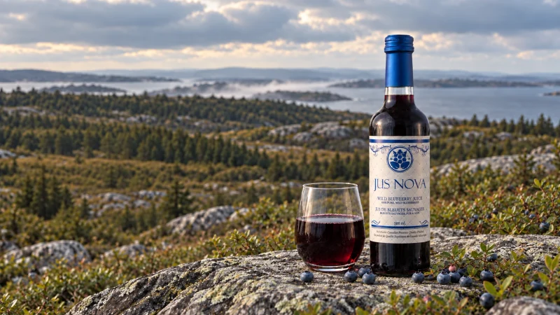 A blue-capped Jus Nova bottle and glass of blueberry juice resting on stone within a northern landscape.
