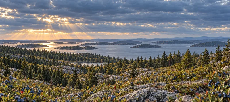 Low wild-blueberry fields opening towards northern water, forests and a wide sky.