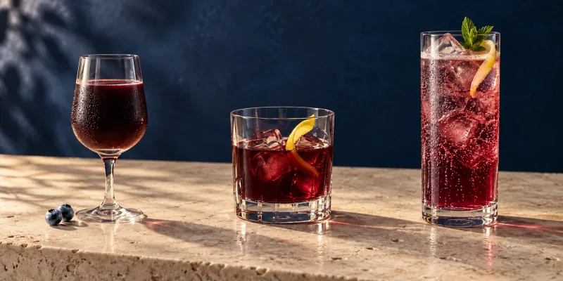 Three blueberry juice serves: chilled, over ice and with sparkling water.