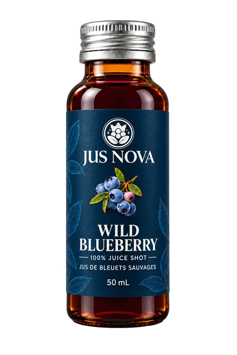 Jus Nova Shot 50 mL wild-blueberry juice serving with a blue botanical label and silver cap.