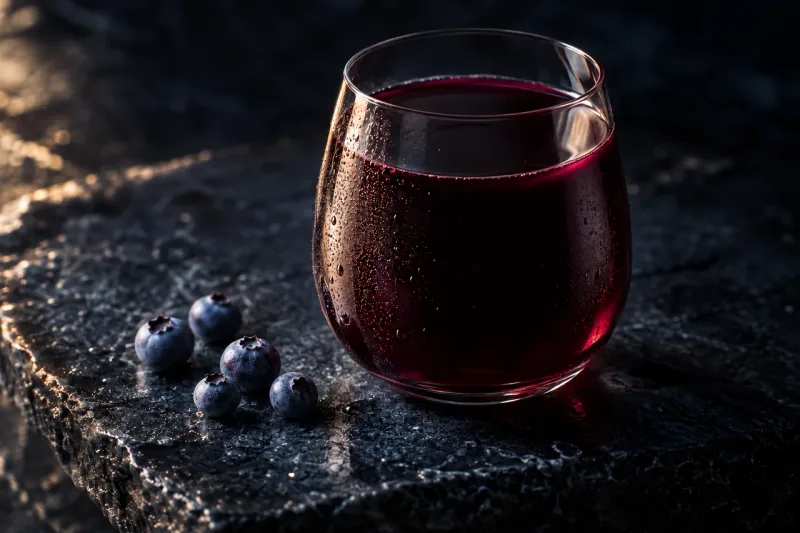 A glass of deep blueberry juice catching the light.